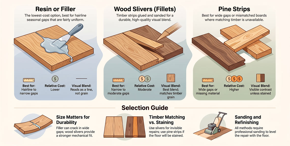Slivers vs Resin Filler vs Pine Strips — Fixing Gaps Between Floorboards